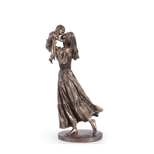 Celebrate the bond of motherhood with this heart-warming sculpture. It features a mother joyfully lifting her child in the air, capturing a moment of pure love and connection. A beautiful addition to any home or office décor.