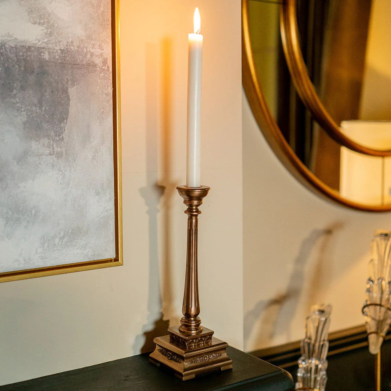 This exquisite duo isn't just an addition to your home; it's a statement of opulence. Meticulously crafted with unparalleled attention to detail, these candle holders exude an aura of unparalleled luxury and refinement. Their presence instantly elevates any setting, be it adorning a mantle, or console, or gracing a lavish dining table.