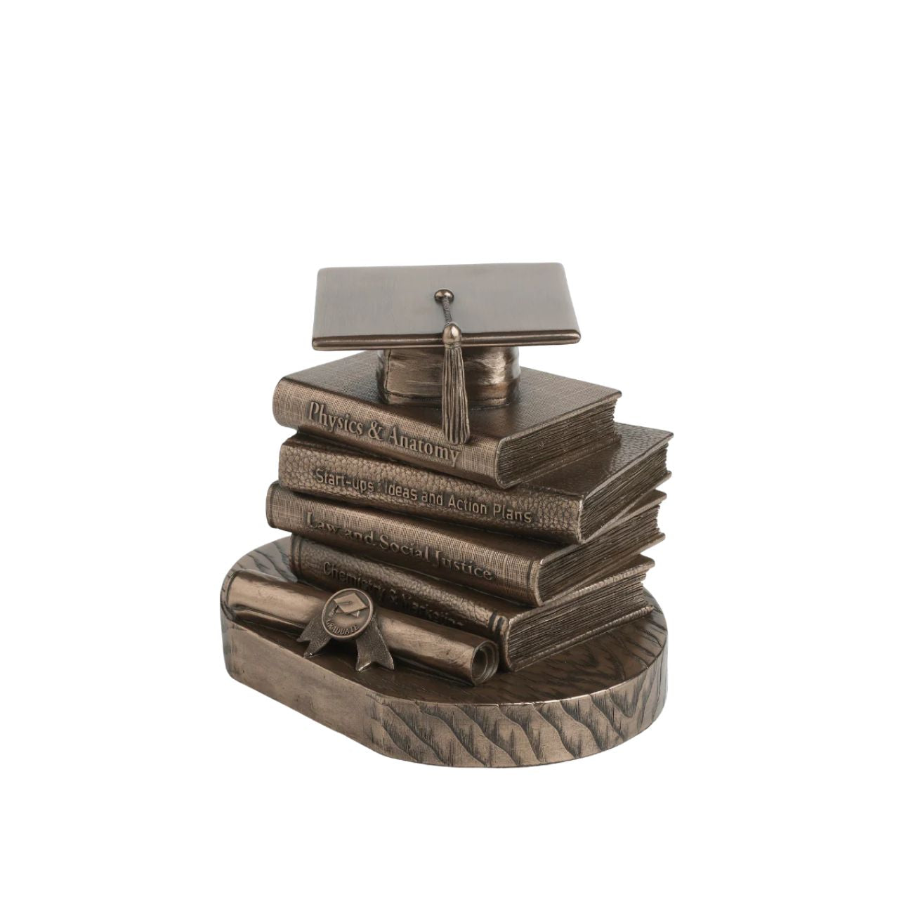 Celebrate academic achievement with this timeless Graduation Cap & Books Sculpture. The piece showcases a stacked arrangement of textbooks each titled with inspirational subjects like Physics & Anatomy, Law and Social Justice, and Start-ups & Action Plans.