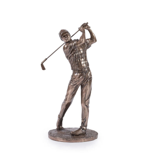 Capture the elegance and power of the golf swing with this dynamic sculpture. The golfer is shown in mid-swing, making it a striking piece for offices, trophy displays, or any golf lover's collection.