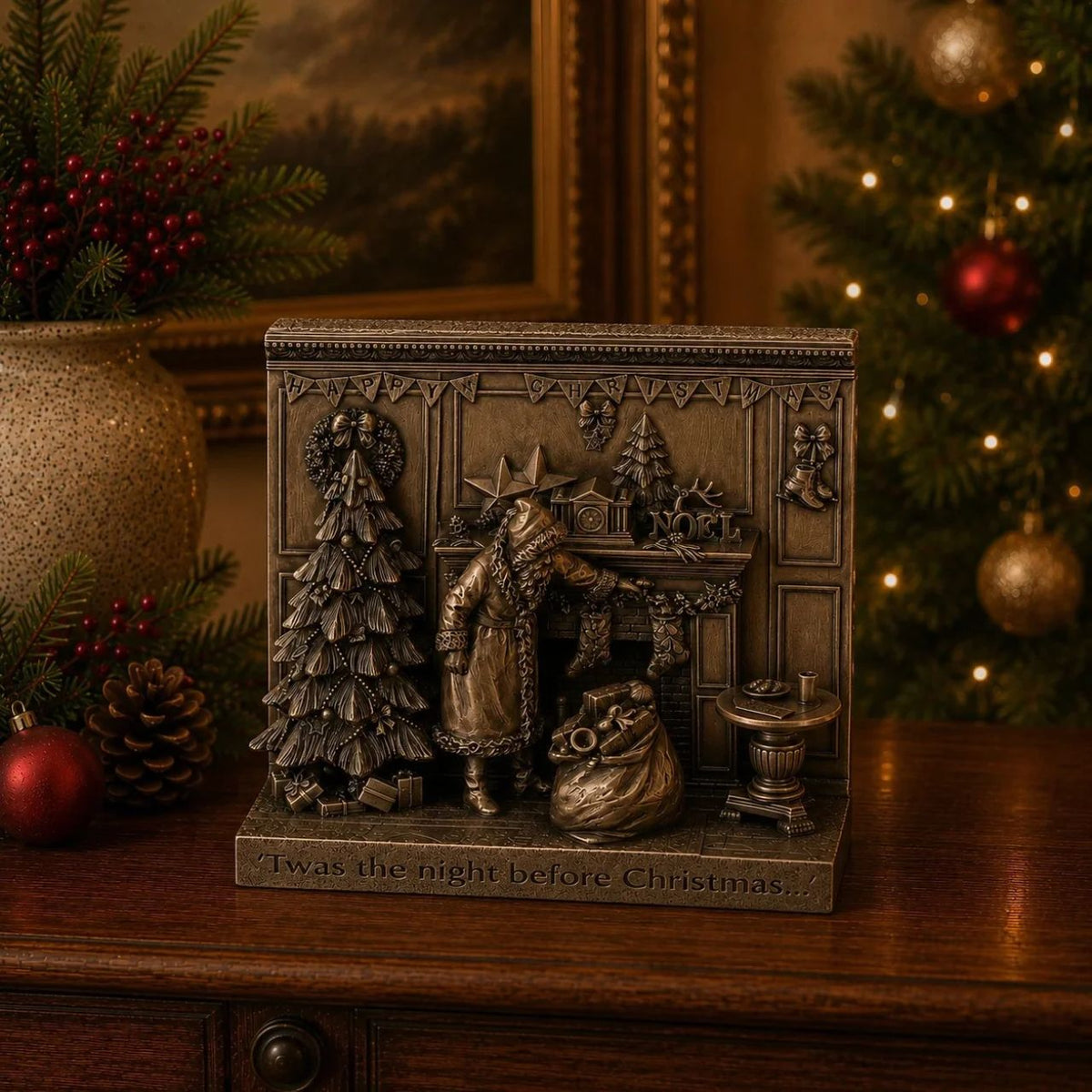 Genesis Twas the Night Before Christmas by Genesis Beautifully crafted in cold cast bronze, this Christmas scene incorporates father Christmas and his bag of toys filling the stockings for Christmas by the fireplace. The words " Twas the night before Christmas" crafted into the front of the scene, this Christmas display would make a wonderful gift.