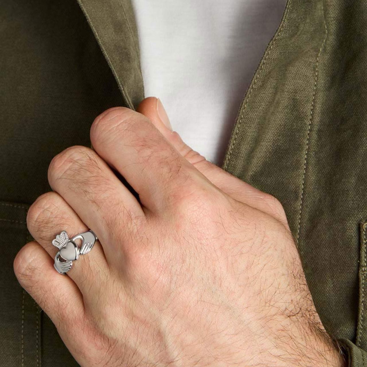 This sterling silver heavy Claddagh ring for men has been Irish hallmarked in Dublin Castle. The Claddagh’s symbols represent love (heart), friendship (hands) and loyalty (crown), and echo the words of the Irish sailor who first crafted it for his sweetheart: “With these hands I give you my heart, and I crown it with my love”.