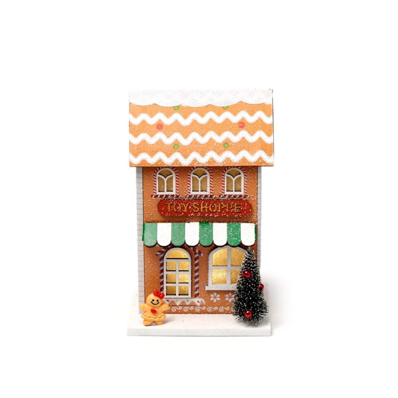 The Gingerbread Toy Shoppe Christmas House LED Decoration brings elegant holiday charm to your home. Featuring warm LED lighting, this finely detailed piece captures the nostalgic spirit of a festive toy shoppe, perfect for creating a refined seasonal ambiance.