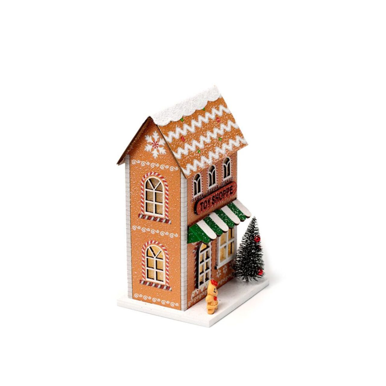 The Gingerbread Toy Shoppe Christmas House LED Decoration brings elegant holiday charm to your home. Featuring warm LED lighting, this finely detailed piece captures the nostalgic spirit of a festive toy shoppe, perfect for creating a refined seasonal ambiance.