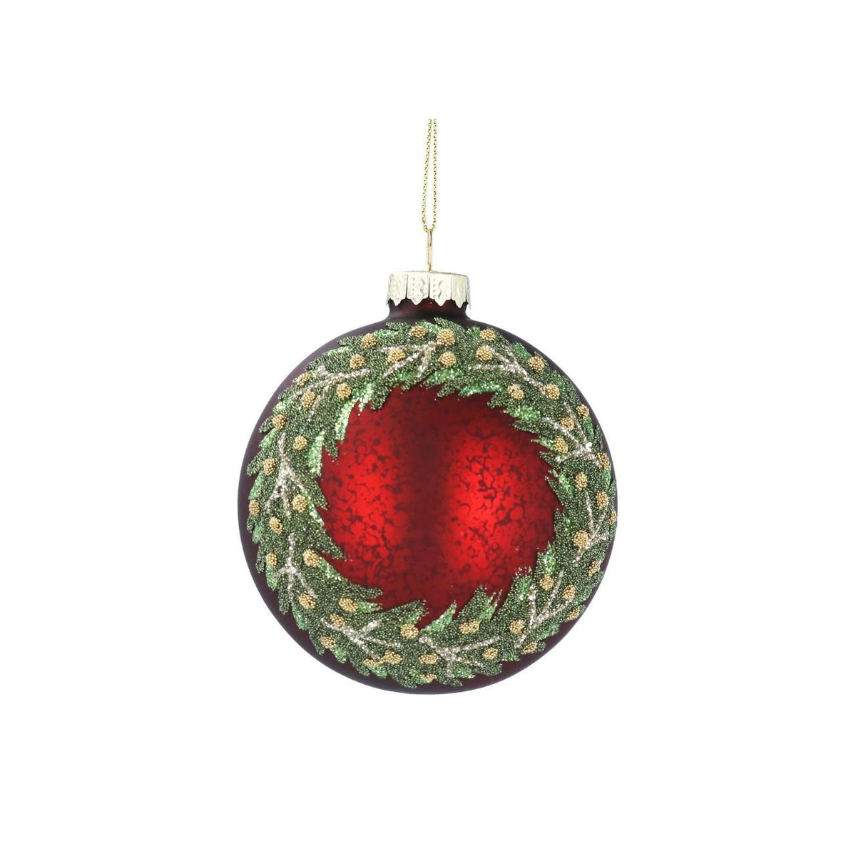 Elevate your festive décor with this stunning Gisela Graham Christmas bauble. Hand-crafted in rich antique red glass, it features an elegant green beaded wreath design that catches the light beautifully. Perfect for adding a touch of vintage charm to your tree or display.