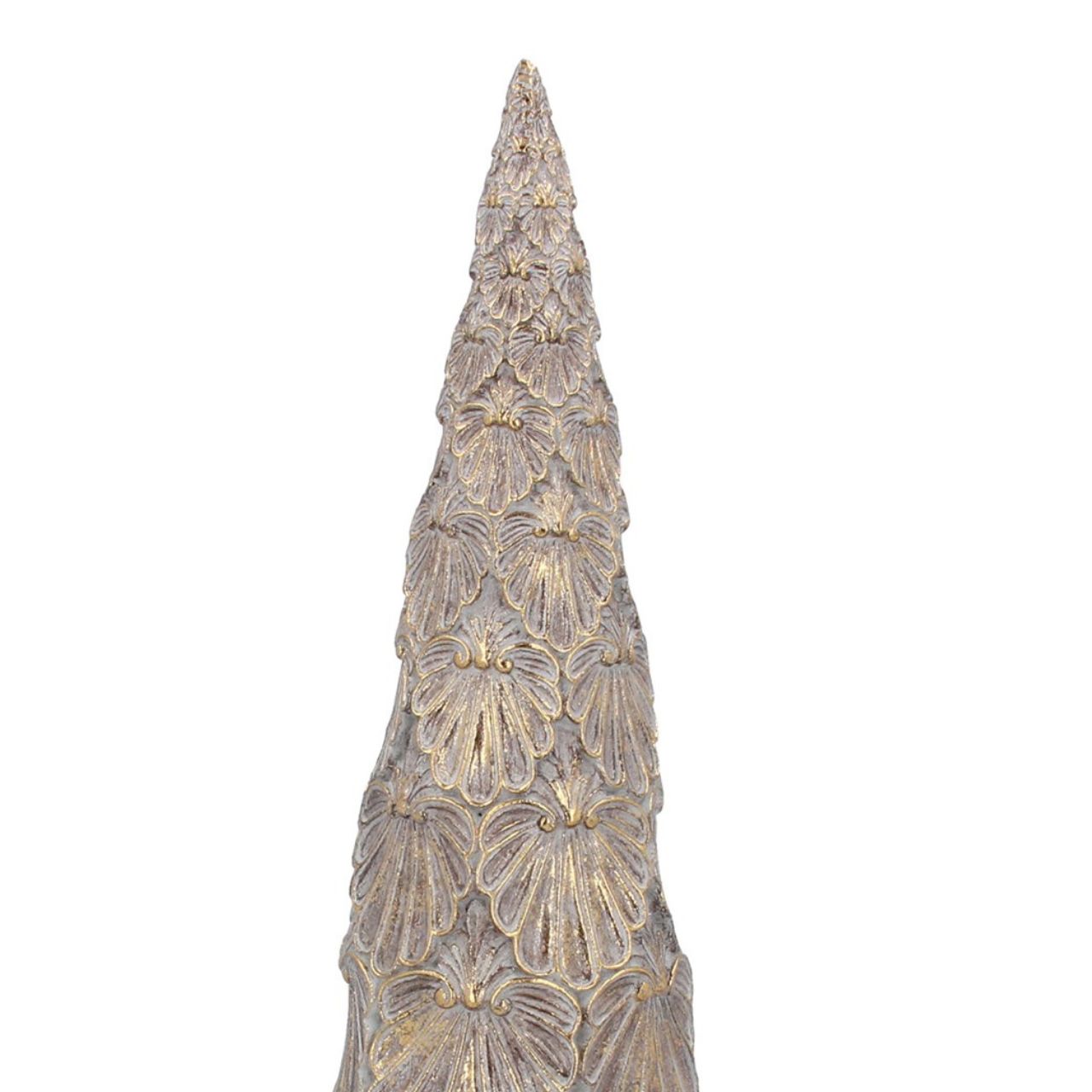 Christmas Gold Embossed Cone Tree Large This elegant Gisela Graham Cone Tree is the perfect centerpiece for your holiday décor. Crafted from metallic gold embossed resin. The intricate detailing gives it added texture and depth for a luxurious look.