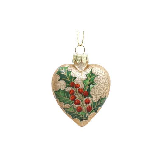 Elevate your holiday décor with the Gisela Graham Antique Gold Heart Bauble. Featuring a refined matte finish adorned with delicate holly details, this elegant glass ornament brings a timeless charm to your Christmas tree.
