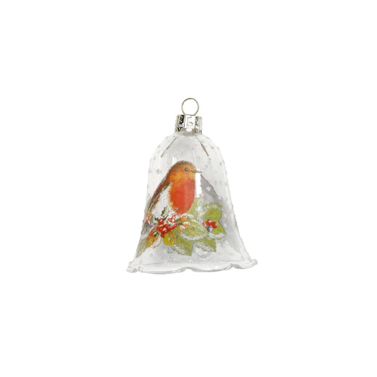 This elegant glass bell-shaped bauble by Gisela Graham London features a delicate robin perched alongside festive fruits, capturing the spirit of Christmas with refined charm. Its clear design allows soft light to play through, adding a subtle glow to your holiday décor.