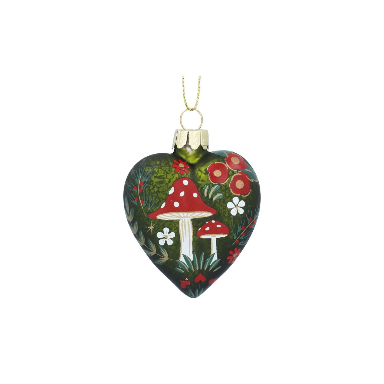 Elevate your holiday decor with the Gisela Graham Glass Antique Green Heart Christmas Bauble. Featuring a delicate moss green heart adorned with charming toadstools, this elegant ornament adds a refined touch of nature-inspired beauty to your tree.