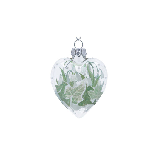 Elevate your festive decor with the Gisela Graham Glass Snowdrops & Ivy Heart Christmas Bauble. Crafted from clear glass, this elegant bauble features delicate snowdrop blooms intertwined with ivy leaves, creating a refined seasonal accent.