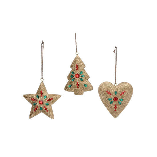 Gisela Graham Set of 3 Gold Shapes with Red & Green Jewels  Set of three gold mismatched hanging decorations with red and green jewels  A resin painted Christmas tree decoration