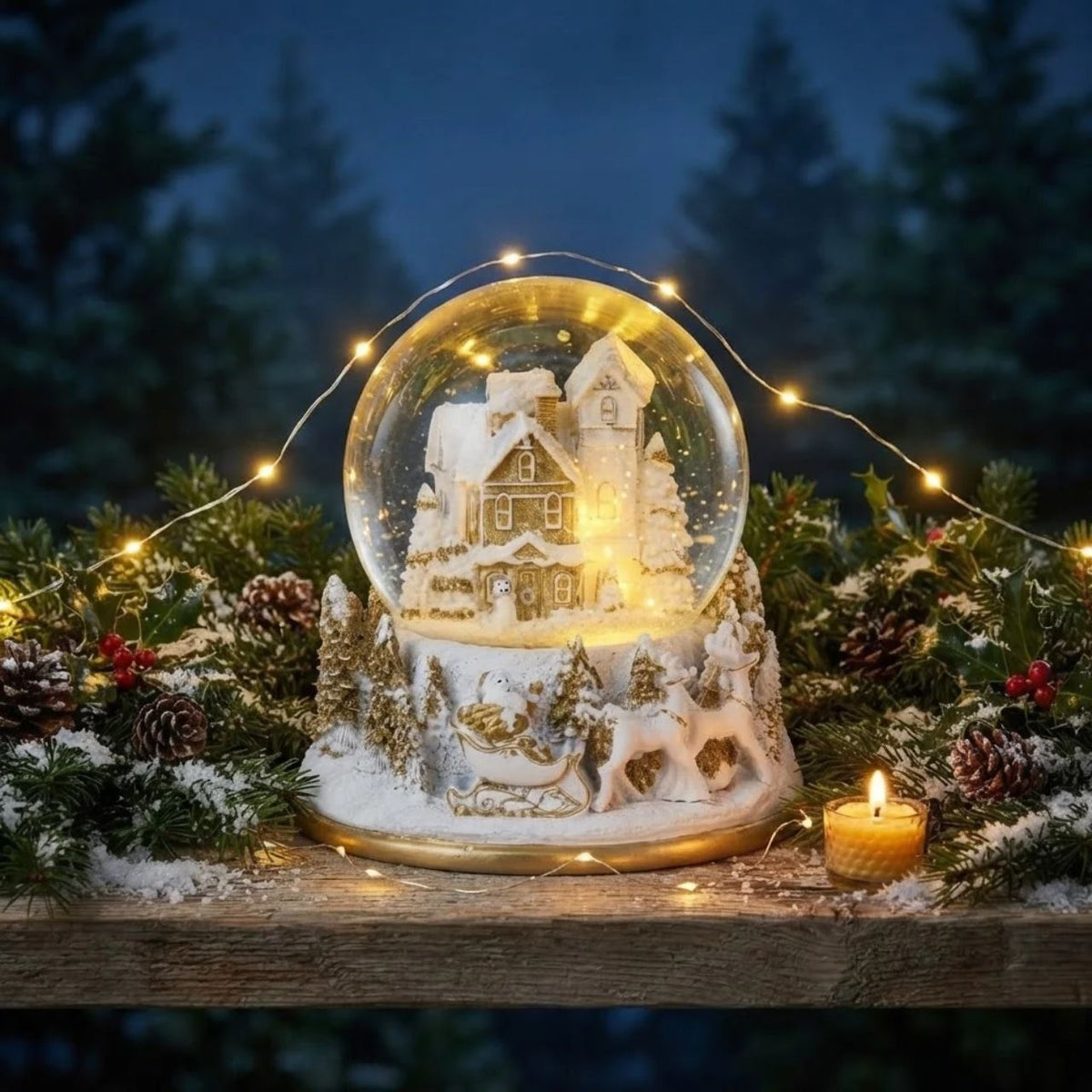 A charming musical snow globe from the renowned Gisela Graham collection, featuring a beautifully detailed gold and white village scene. This delightful piece combines traditional craftsmanship with festive appeal, perfect for seasonal displays or year-round decoration.