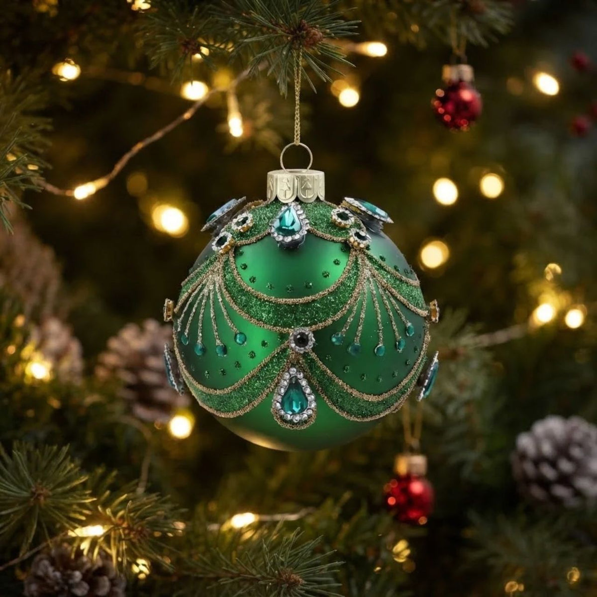 Add timeless elegance to your tree with this stunning Gisela Graham bauble. Featuring a rich green finish adorned with ornate swags and jewelled accents, this 8cm sphere captures the luxury and sophistication of traditional Christmas décor.