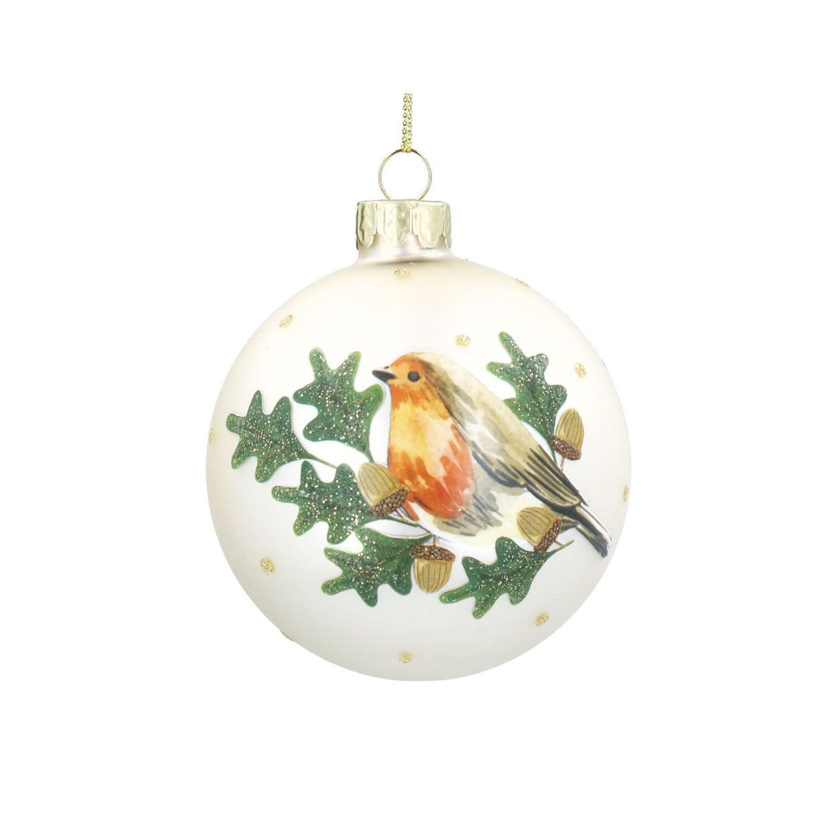 Elegant pale gold robin perched among delicate oak leaves, hand-painted on a premium glass bauble. This timeless Christmas ornament from Gisela Graham captures the beauty of winter wildlife with refined detail and a soft metallic finish.