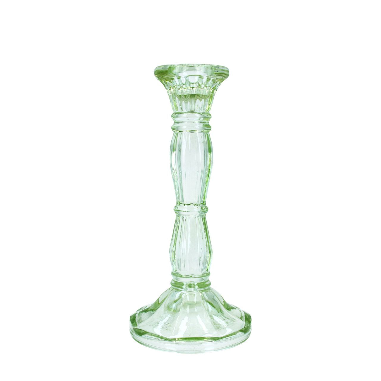 Bring soft, elegant light to your home with this charming pastel green glass candlestick from Gisela Graham. Standing at 20cm tall with a 9cm base, this delicate piece combines timeless design with contemporary colour.
