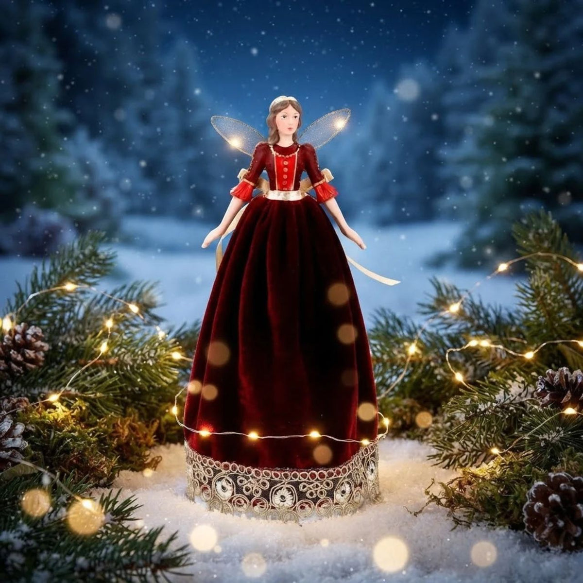 Elevate your holiday décor with the Gisela Graham Red Velvet & Gold Lace Fairy Tree Topper. This exquisite piece combines rich red velvet with intricate gold lace detailing, adding a touch of elegance and timeless charm to your Christmas tree. Its refined design makes it a sophisticated focal point, perfect for creating a warm and festive ambiance in any setting.