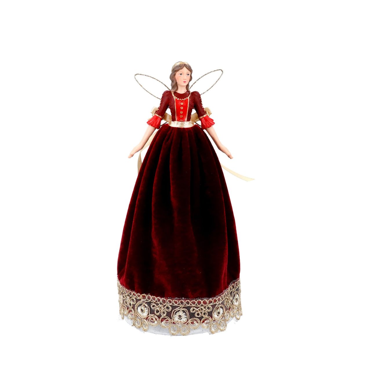 Elevate your holiday décor with the Gisela Graham Red Velvet & Gold Lace Fairy Tree Topper. This exquisite piece combines rich red velvet with intricate gold lace detailing, adding a touch of elegance and timeless charm to your Christmas tree.