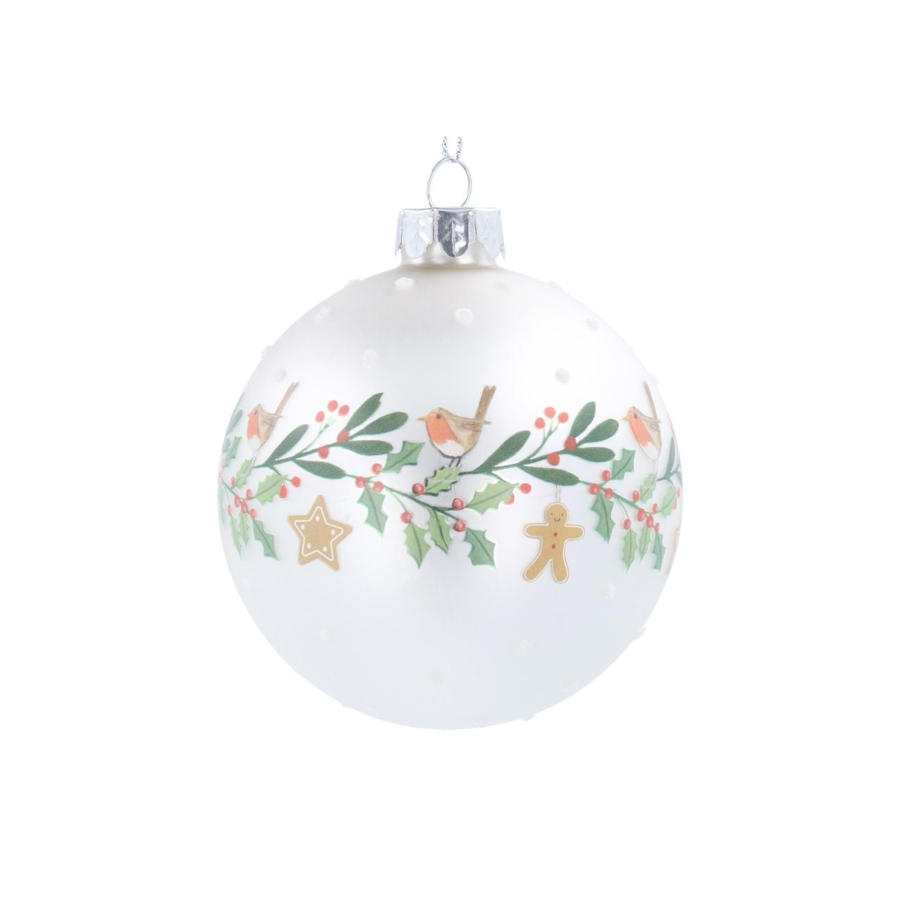 Celebrate the festive season with the Gisela Graham Robin & Holly Wreath Matt White Christmas Bauble.