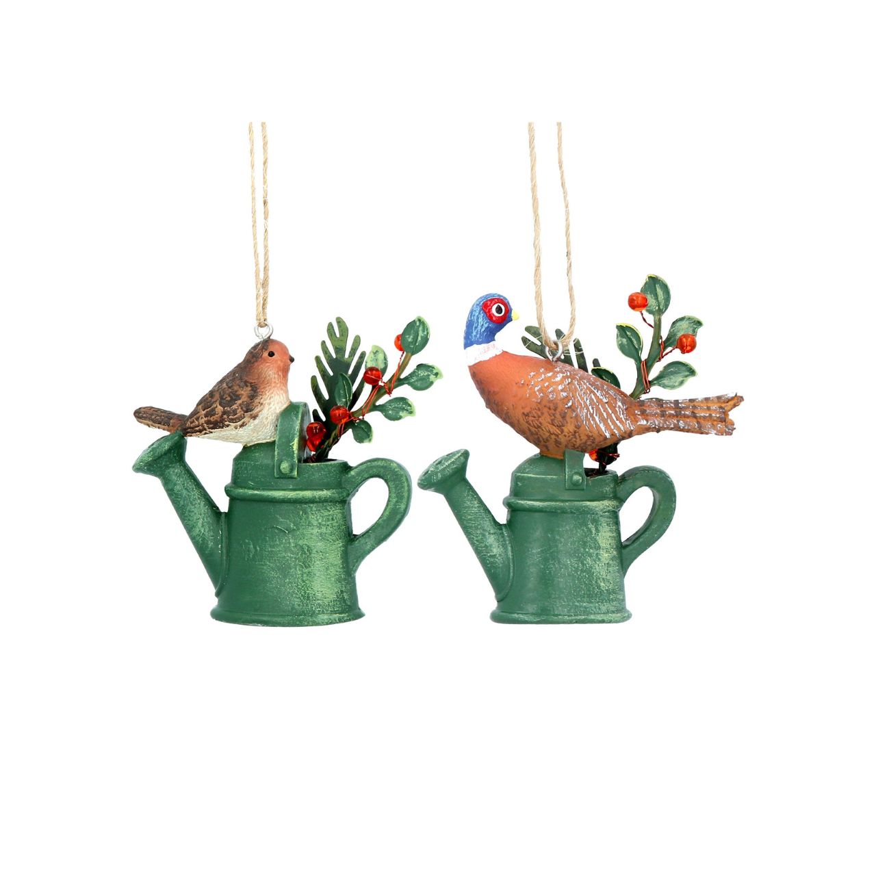 Elevate your festive décor with the Gisela Graham Robin & Pheasant on Watering Can Christmas hanging ornament. Delicately crafted, this exquisite piece captures the charm of a robin and pheasant perched atop a vintage watering can, adding refined seasonal elegance to any setting.