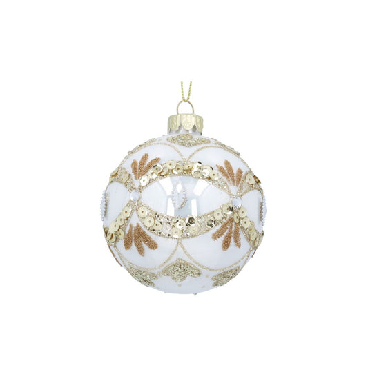 Elevate your holiday décor with the Gisela Graham White Pearl with Gold Scallops Christmas Bauble. This elegant glass ornament features a lustrous white pearl finish delicately accented by shimmering gold scalloped detailing.