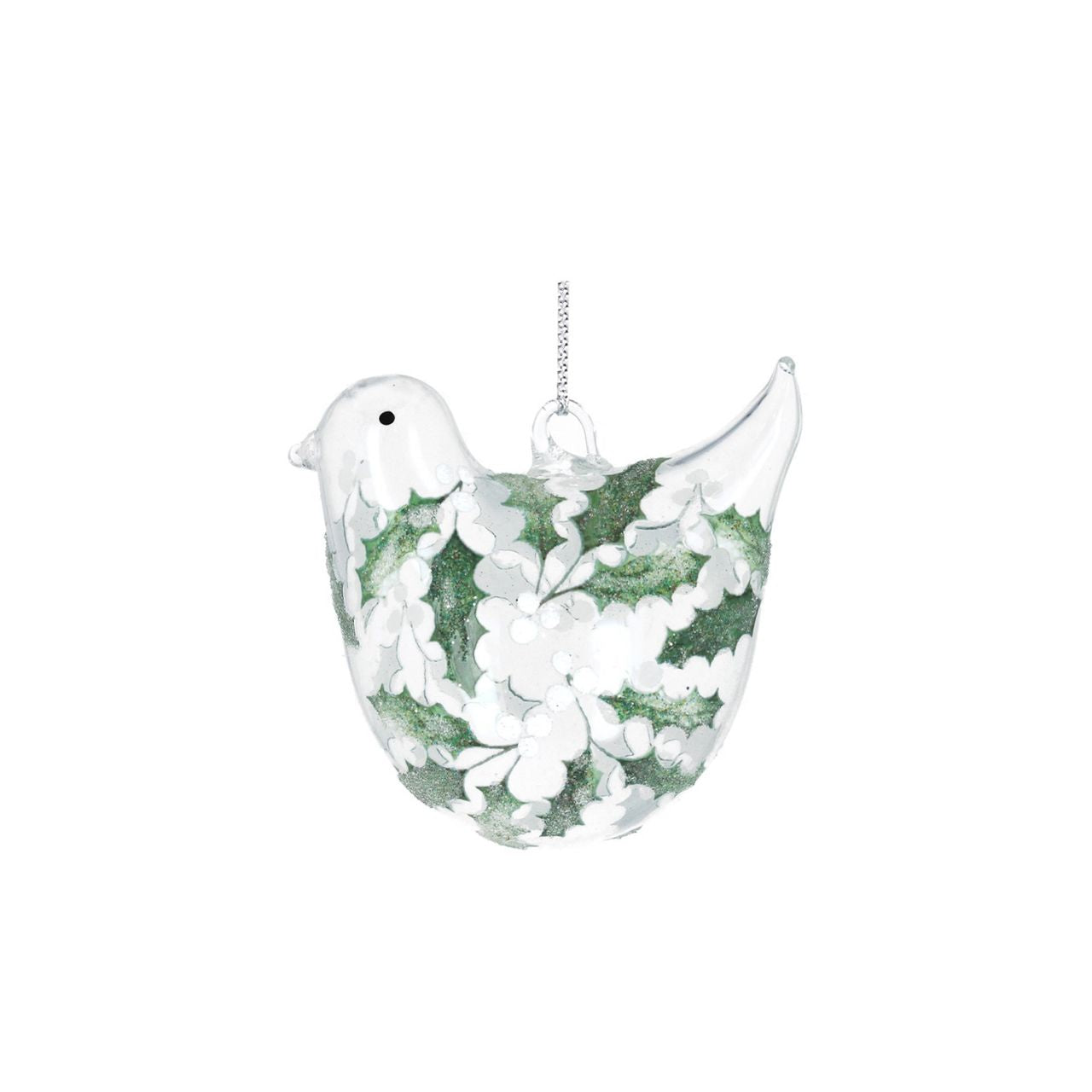 Gisela Graham Clear Glass Bird With Mistletoe/Holly Christmas Hanging Ornament This beautiful Gisela Graham glass bird with mistletoe Christmas Hanging Ornament is perfect for completing your holiday décor. Crafted with clear glass, the ornament features a delicate holly design with shimmering accents. Hang this stunning ornament and add a touch of elegance to your holiday tree.
