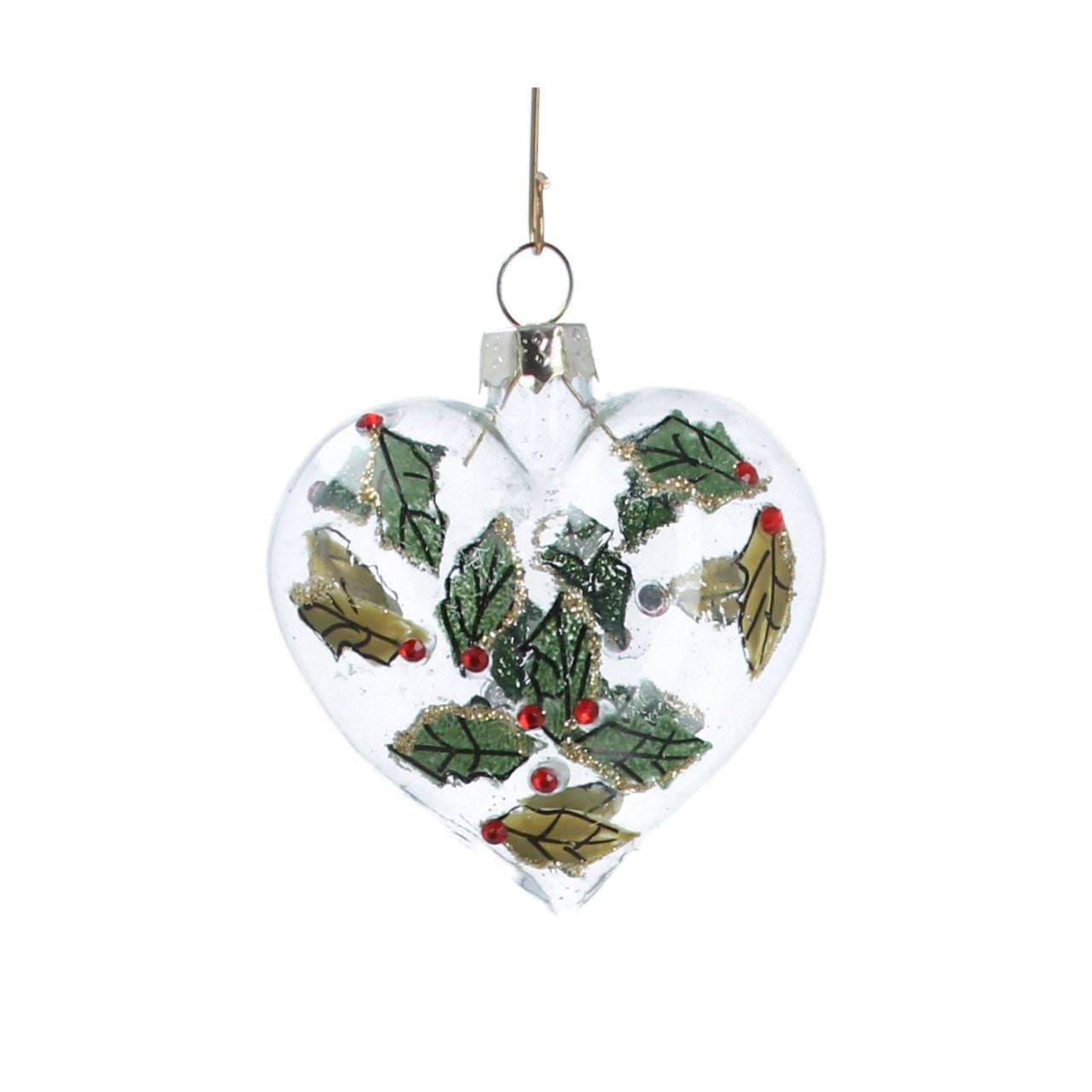 Gisela Graham Clear Glass Heart With Diamante Holly Christmas Hanging Ornament This stylish holiday ornament is made of clear glass and adorned with elegant diamante holly. Perfect for hanging on your tree, this beautiful glass heart decoration will bring a chic festive touch to your home.