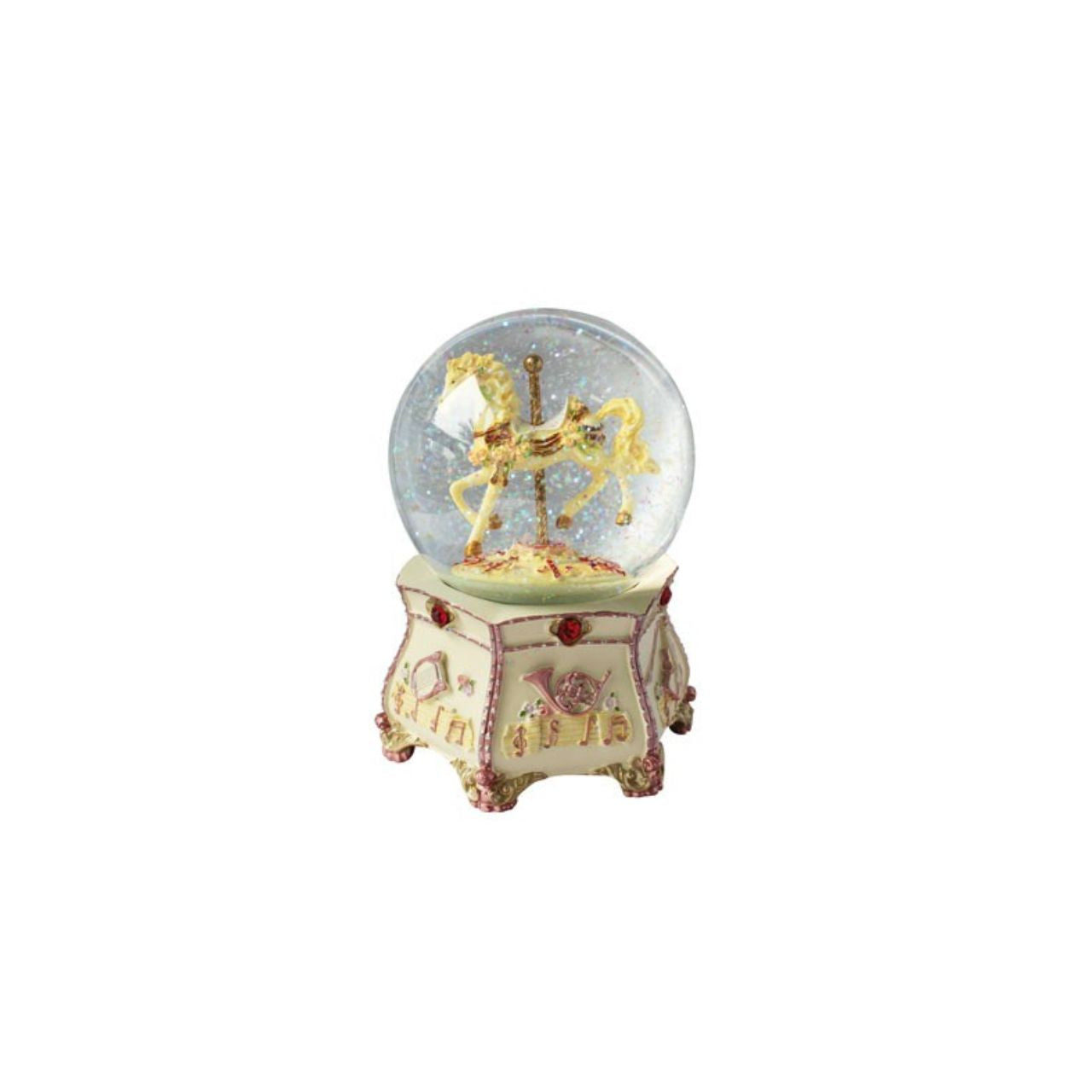 Glitter globe with a horse carousel. The horse inside the globe turns to the melody.
