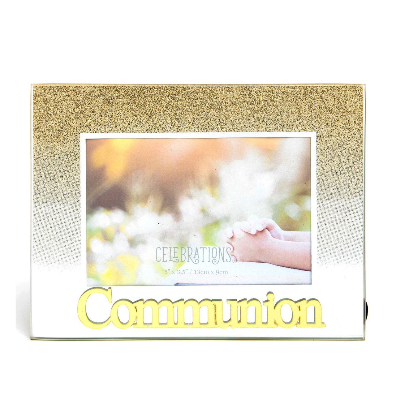 Communion Gold Glitter Glass Frame 5" x 3.5" Give a precious photo pride of place with this gold glitter and mirror glass photo frame with gold acrylic 3D title. - the ultimate one stop shop for gifts for any occasion.