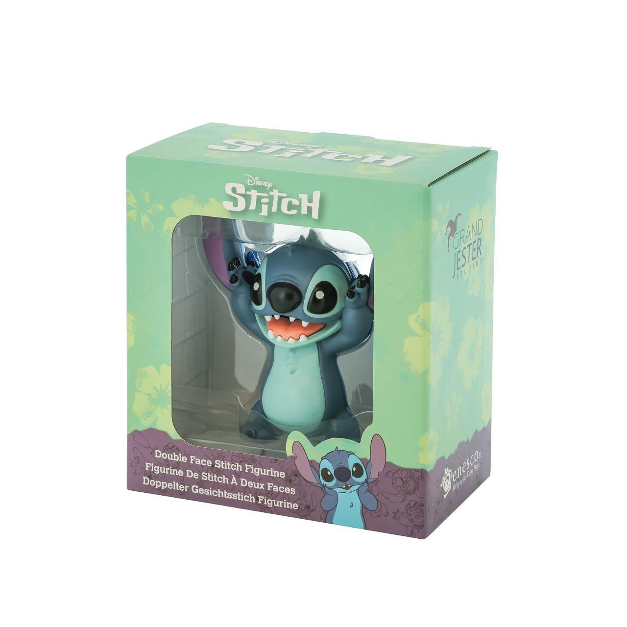 See both sides of Stitch with this double faced figurine. Featuring his happy, mischievous side in his trademark blue, and then on the other, a more pearlescent version of Stitch with a sad face.