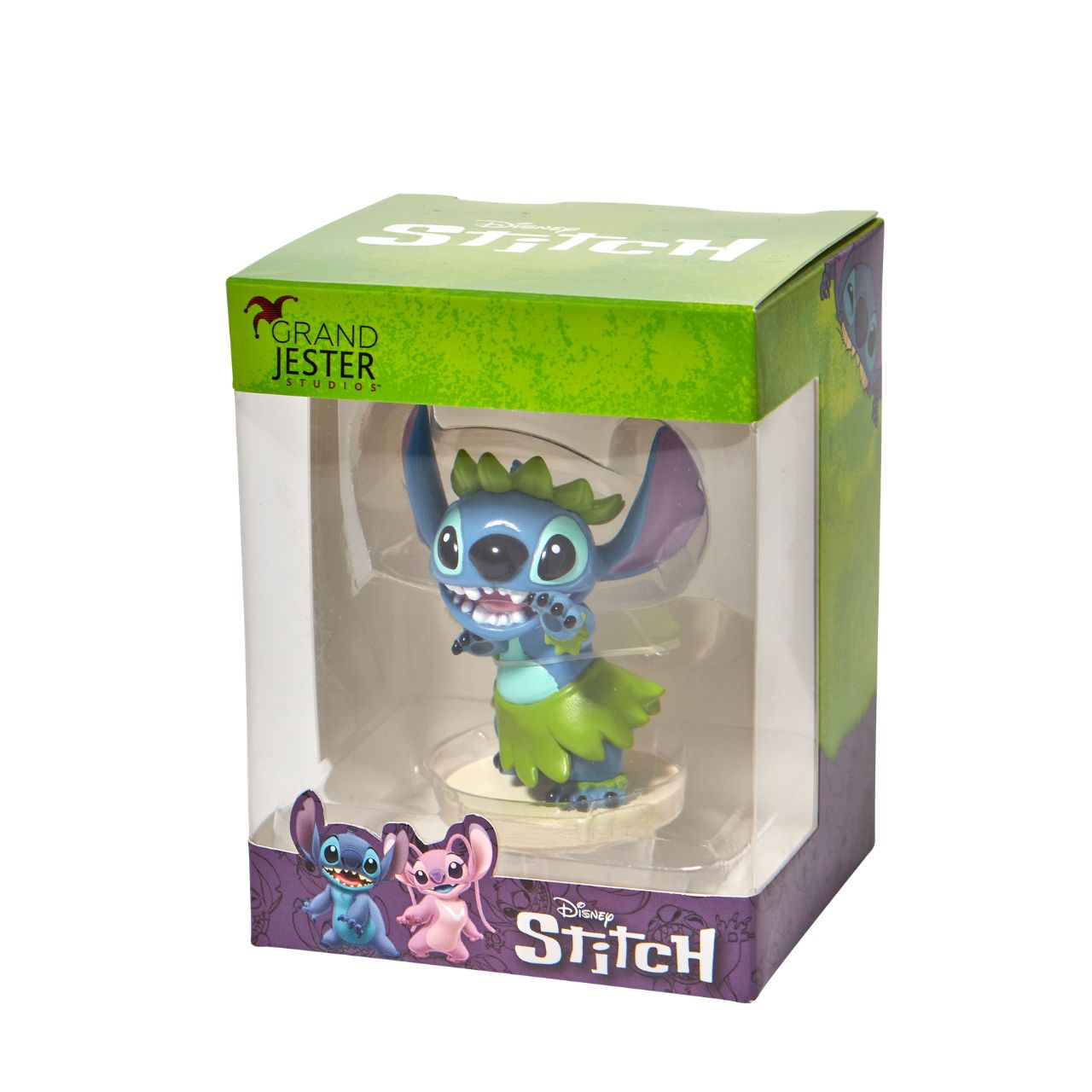 Grand Jester Studios Dancing Stitch Mini Figurine This cute and fun dancing Stitch mini figurine by Grand jester Studios is the perfect addition to any Stitch or Disney collection. Dressed in his finest grass skirt, Stitch is ready to show off his dancing skills at the luau.