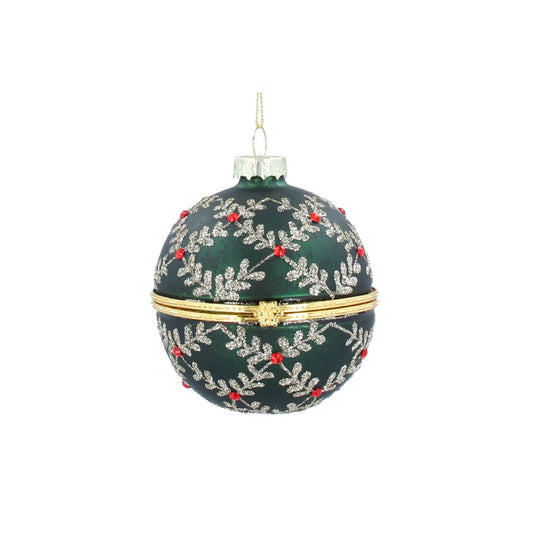 Elevate your holiday décor with this Green & Gold Glitter Leaf Trellis Container Christmas Bauble by Gisela Graham London. Featuring a refined leaf trellis design accented with shimmering green and gold glitter, this bauble adds a touch of elegance and festive sparkle to any Christmas tree or arrangement.