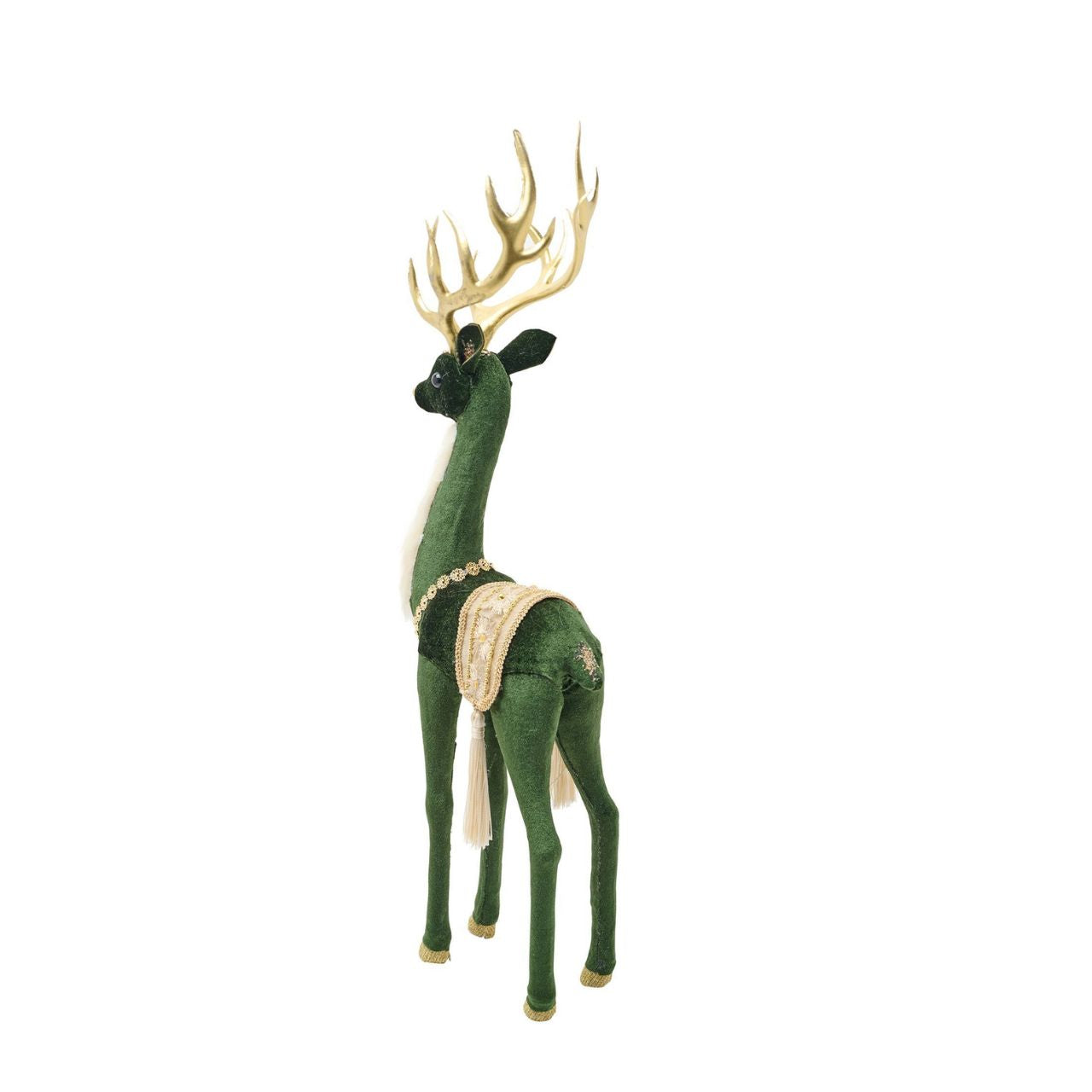 Green Velvet Standing Deer. Bring some festive cheer into the home this winter with this adorable cosy deer figurine. This green and white deer is dressed to impress. With gentle eyes and perky antlers, this peaceful deer will stand out as a beautiful item.