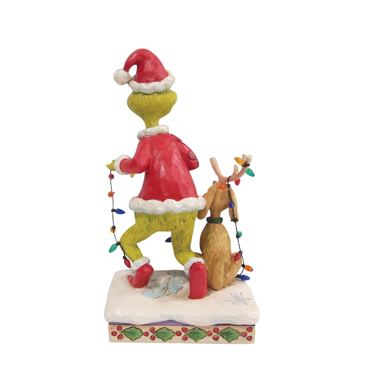 Grinch and Max Tiptoeing Wrapped in Lights Figurine Sneaking across Whoville on Christmas Eve, The Grinch and Max manoeuvre through decorations and lights to unsuspecting chimneys all across town. On a mission to steal Christmas, the conspiring Grinch wears a mischievous grin as he trips around lights in this delightful Jim Shore collectable.