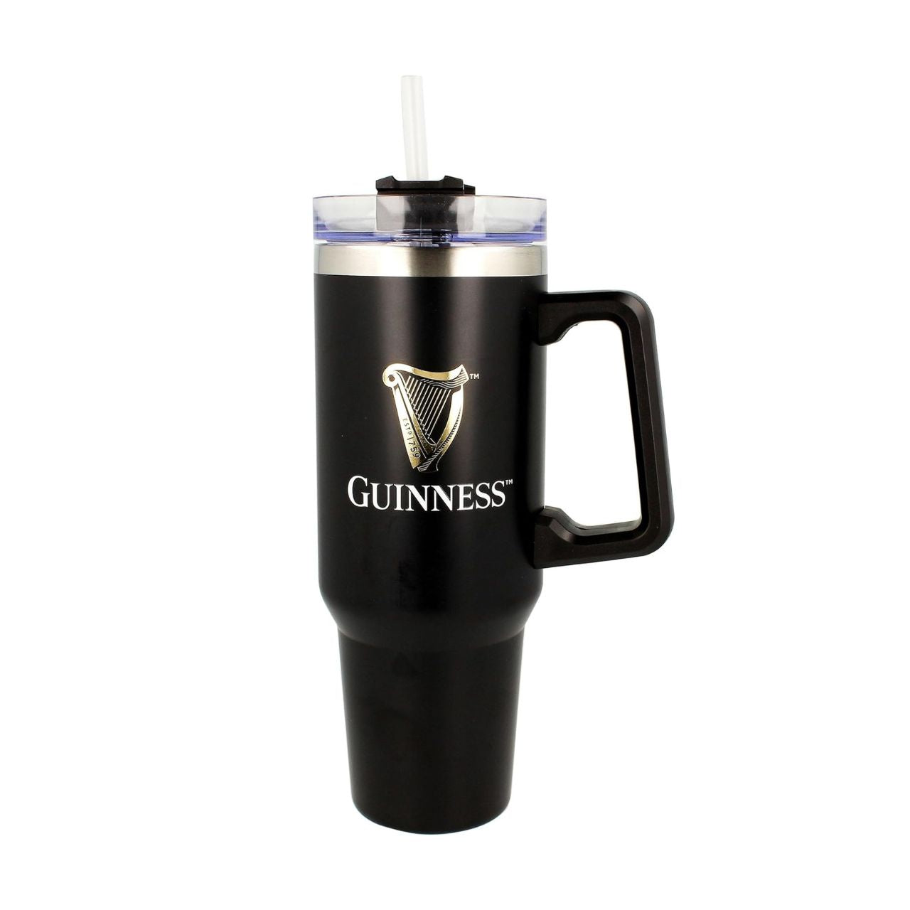 Premium travel cup featuring the iconic Guinness harp logo, celebrating the heritage of Ireland's beloved stout.
