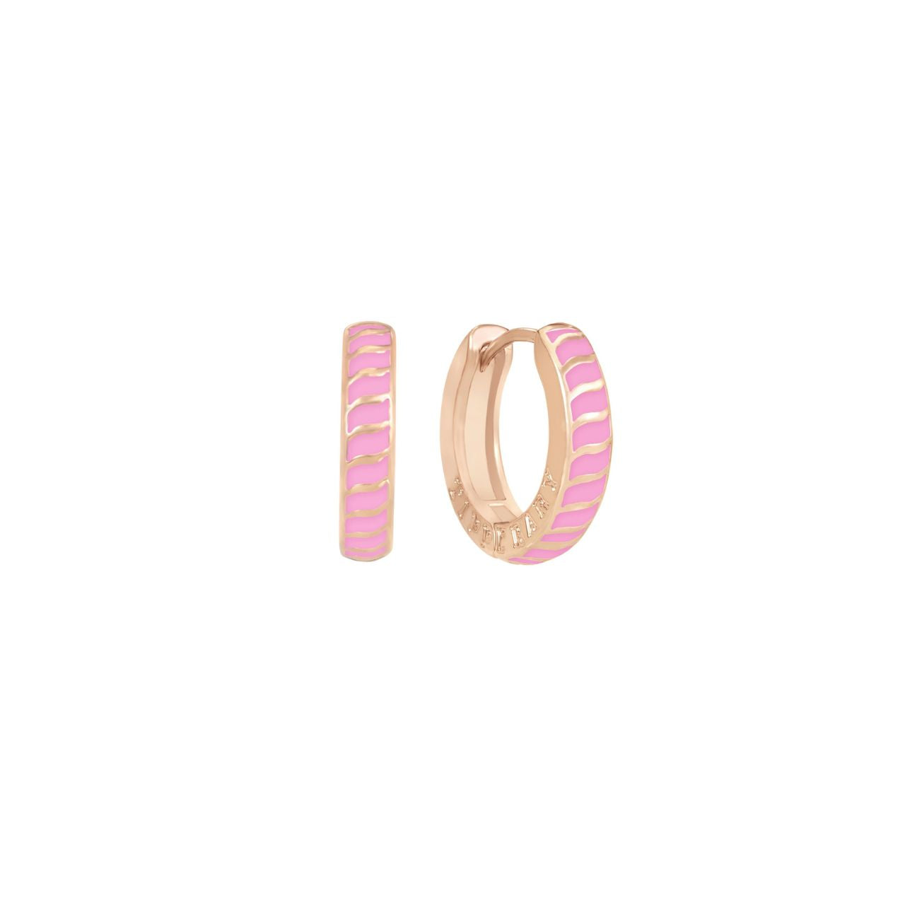 Indulge in elegant simplicity with Tipperary's Halo Sunset Mini Pink Enamel Hoop Earrings. Crafted with a stunning rose gold finish and delicate pink enamel detailing, these hoops will add a touch of sophistication to any outfit.