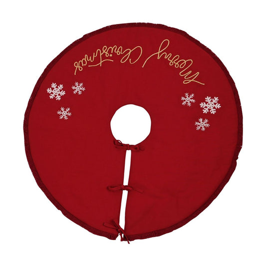 Red Christmas Tree Skirt Hand Embellished Merry Christmas  A Merry Christmas hand embellished red tree skirt from THE SEASONAL GIFT CO.  This standout accessory wraps itself around Christmas trees to accentuate its decoration.