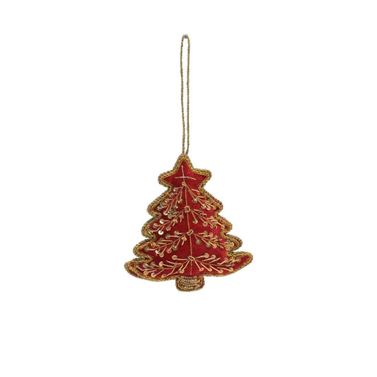 The padded velvet, tree shaped decoration showcases a striking red & gold finish which complements the matching sequin embellishments and gold edging. It hangs from the tree using the attached gold string hanger.