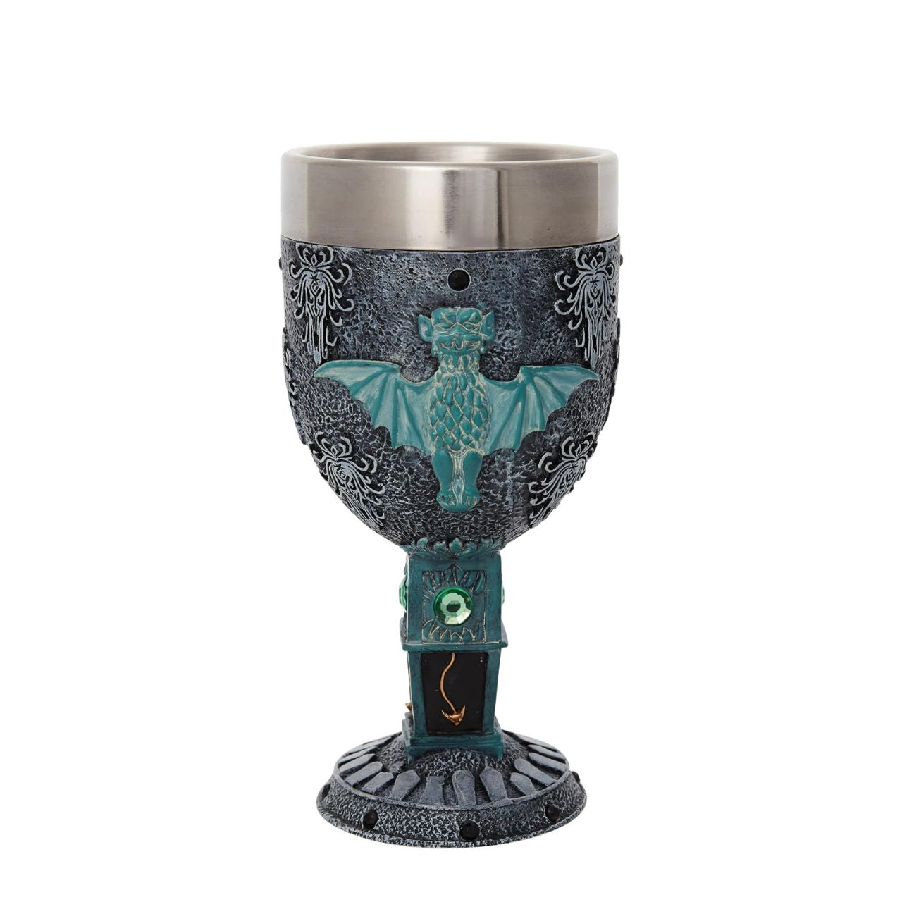 Haunted Mansion Decorative Goblet by Disney Showcase The Haunted Mansion Goblet is adorned with black gems around the top and the base, creating a beautifully spooky statement piece. It features a clock design on the stem, a bat on the body of the piece and gravestones wrapped around the base, all inspired by the iconic Haunted Mansion ride