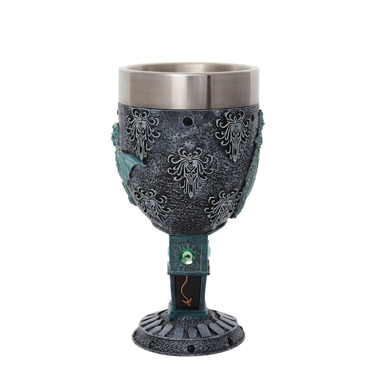 Haunted Mansion Decorative Goblet by Disney Showcase The Haunted Mansion Goblet is adorned with black gems around the top and the base, creating a beautifully spooky statement piece. It features a clock design on the stem, a bat on the body of the piece and gravestones wrapped around the base, all inspired by the iconic Haunted Mansion ride