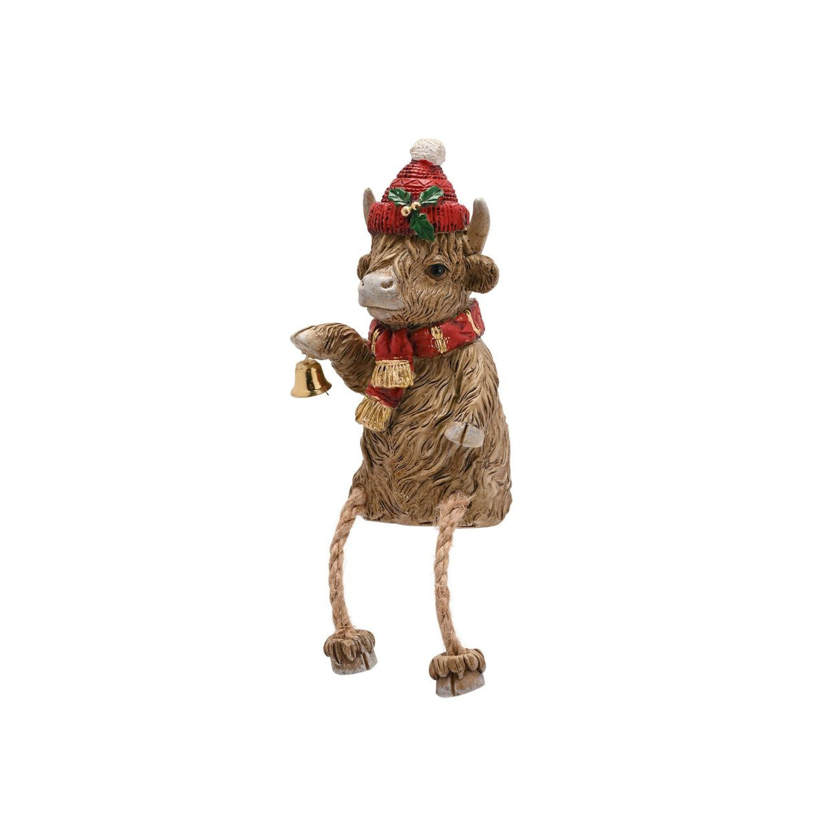 Welcome home the Highland Cow Christmas Figurine with Hanging Legs, a jovial addition to your festive décor. Its charming red hat and scarf bring warmth and character to any room.