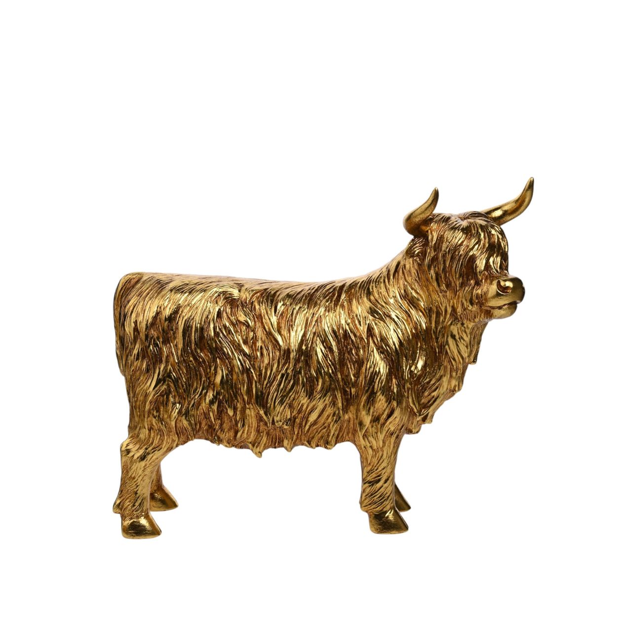 Make a bold statement with the Hestia Gold Highland Cow. This striking figurine features a shaggy highland cow in rich gold tones.