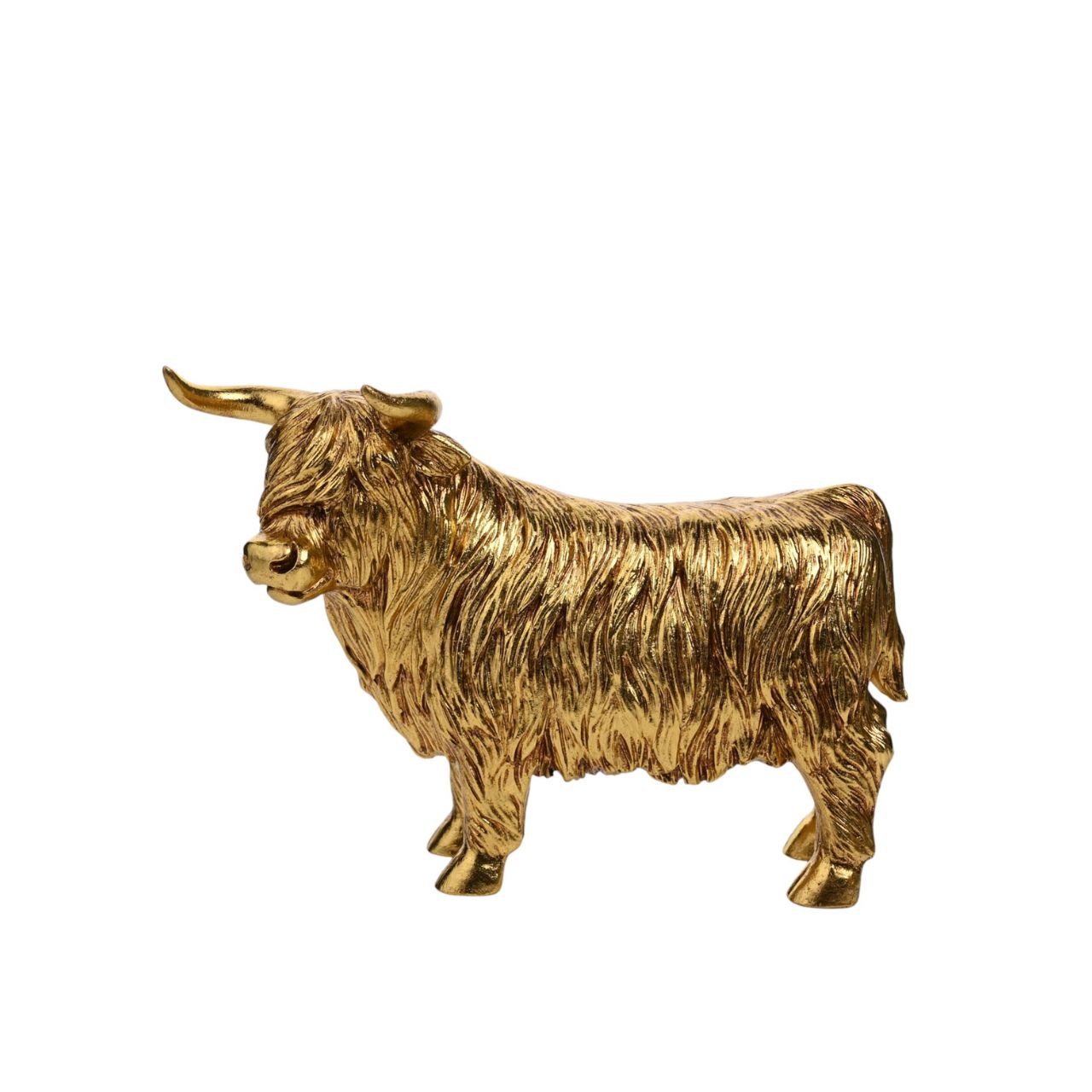 Add a touch of the Scottish Highlands to your decor with the Hestia Gold Highland Cow figurine. Crafted in shimmering gold with a charming shaggy coat, this small ornament delights animal lovers and adds a rustic accent to any shelf, table, or mantlepiece.