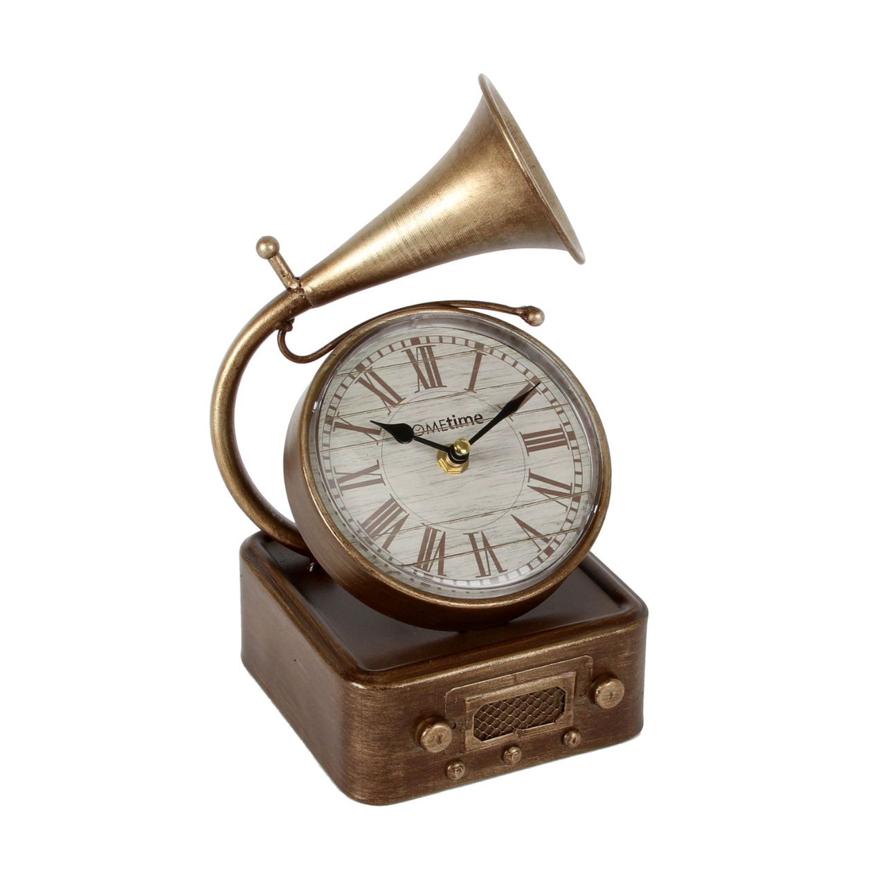 Gramophone Roman Numerals - Mantel Clock A distinctive, metal mantel clock in the shape of a vintage gramophone, from HOMETIME. This is the perfect gift for someone with an interest in vintage pieces and quirky items for the home. This statement clock takes the form of a vintage gramophone and would look great in a home office or on a mantelpiece.