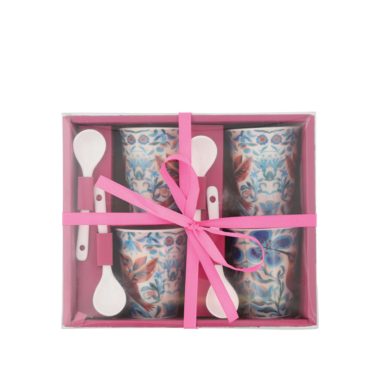 Assortment of 4 cups with ceramic spoons, ideal for drinking coffee with family or friends. Original and colourful design by artist Michelle Allen for the Allen Designs collection. Each cup 7.0cm