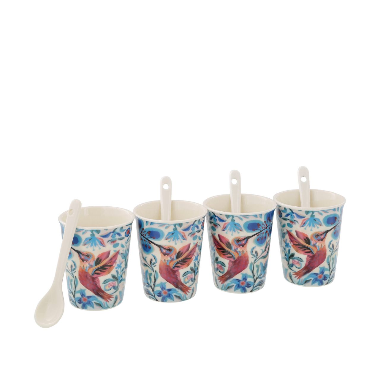 Assortment of 4 cups with ceramic spoons, ideal for drinking coffee with family or friends. Original and colourful design by artist Michelle Allen for the Allen Designs collection. Each cup 7.0cm