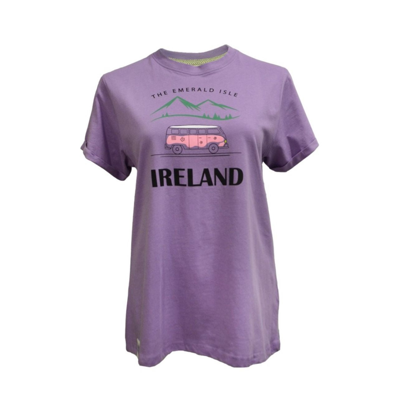 A charming "Emerald Isle Van" graphic stands out against the soft lilac backdrop, adding a playful vibe to your casual wardrobe. With its slim fit and lightweight, breathable fabric, this T-shirt offers both comfort and style, perfect for relaxed outings or adding a touch of fun to your everyday look.