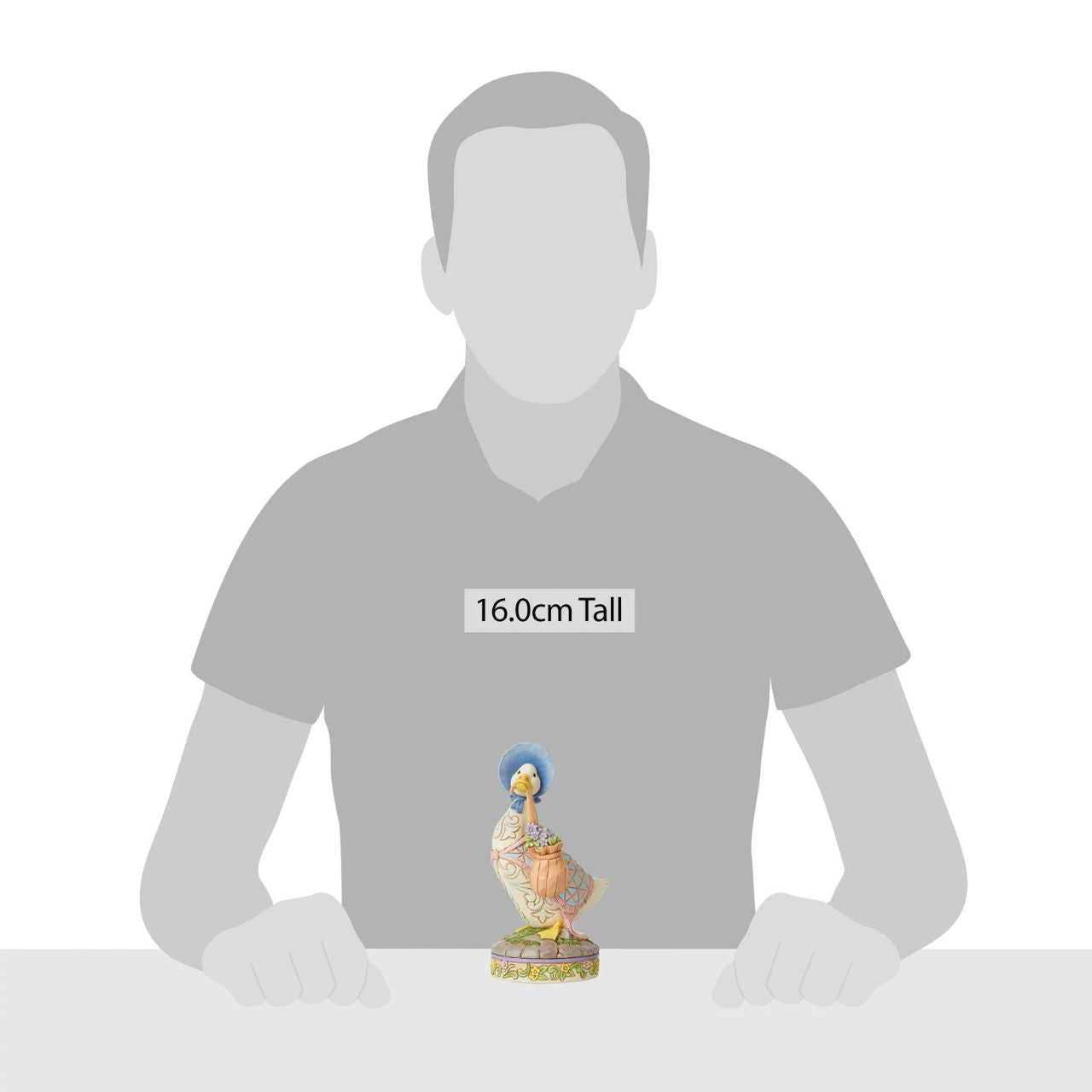 Jim Shore Jemima Puddle-Duck Wearing a Shawl and a Poke Bonnet Award winning folk artist Jim Shore brings his unique style to Beatrix Potter's beloved story, The Tale of Peter Rabbit, through charming hand-crafted gifts that will delight her readers of all ages. This Jim Shore figurine features Jemima Puddle-Duck, wearing her shawl and poke bonnet.