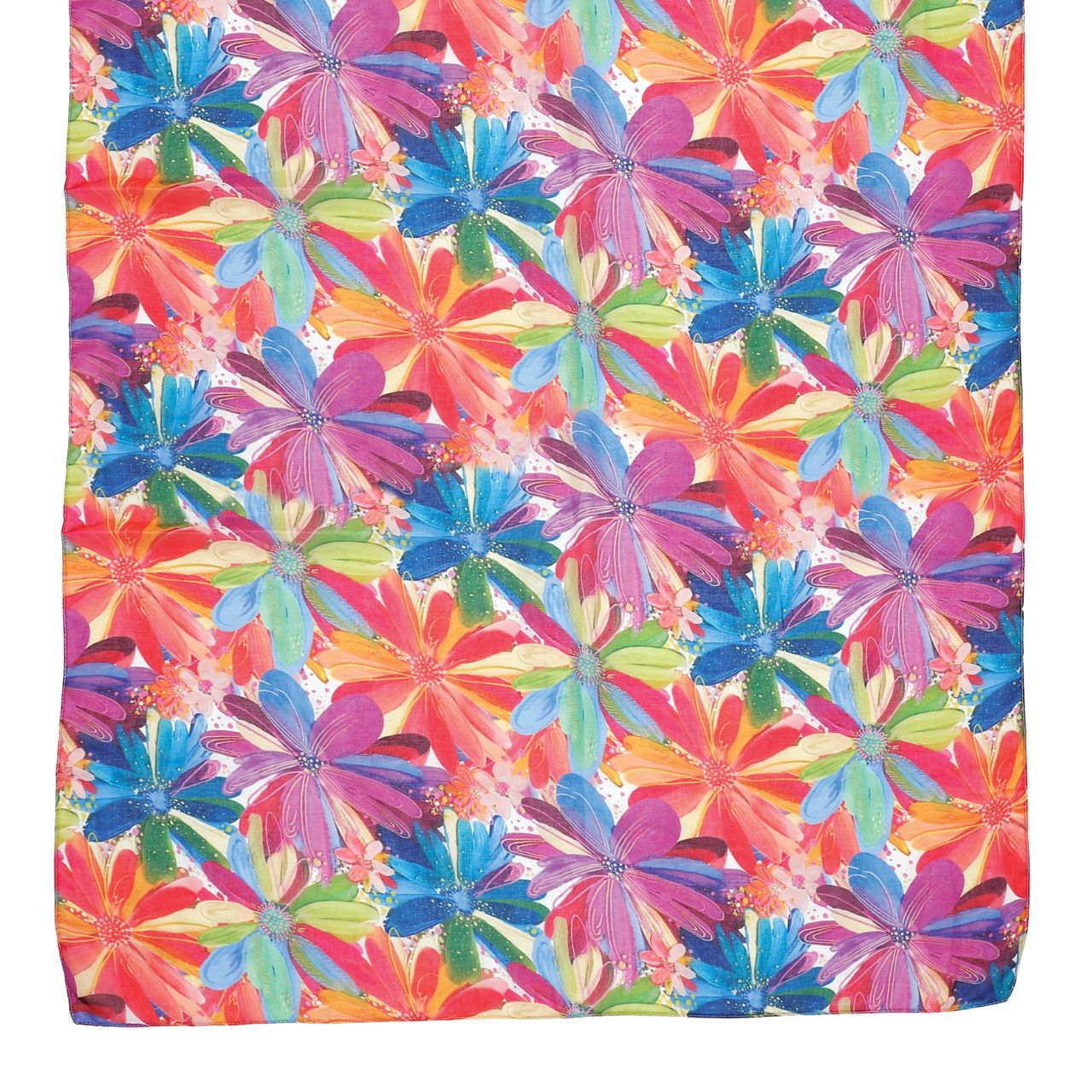 Jessi Raulet Jessi's Garden Scarf by Etta Vee  Artist, designer and art influencer, Jessi Raulet, is known for her colourful and bold designs. This soft and slightly sheer scarf drapes beautifully around your neck or tied as a sarong. A scarf for all seasons. Tie onto a handbag for a vibrant pop of colour.