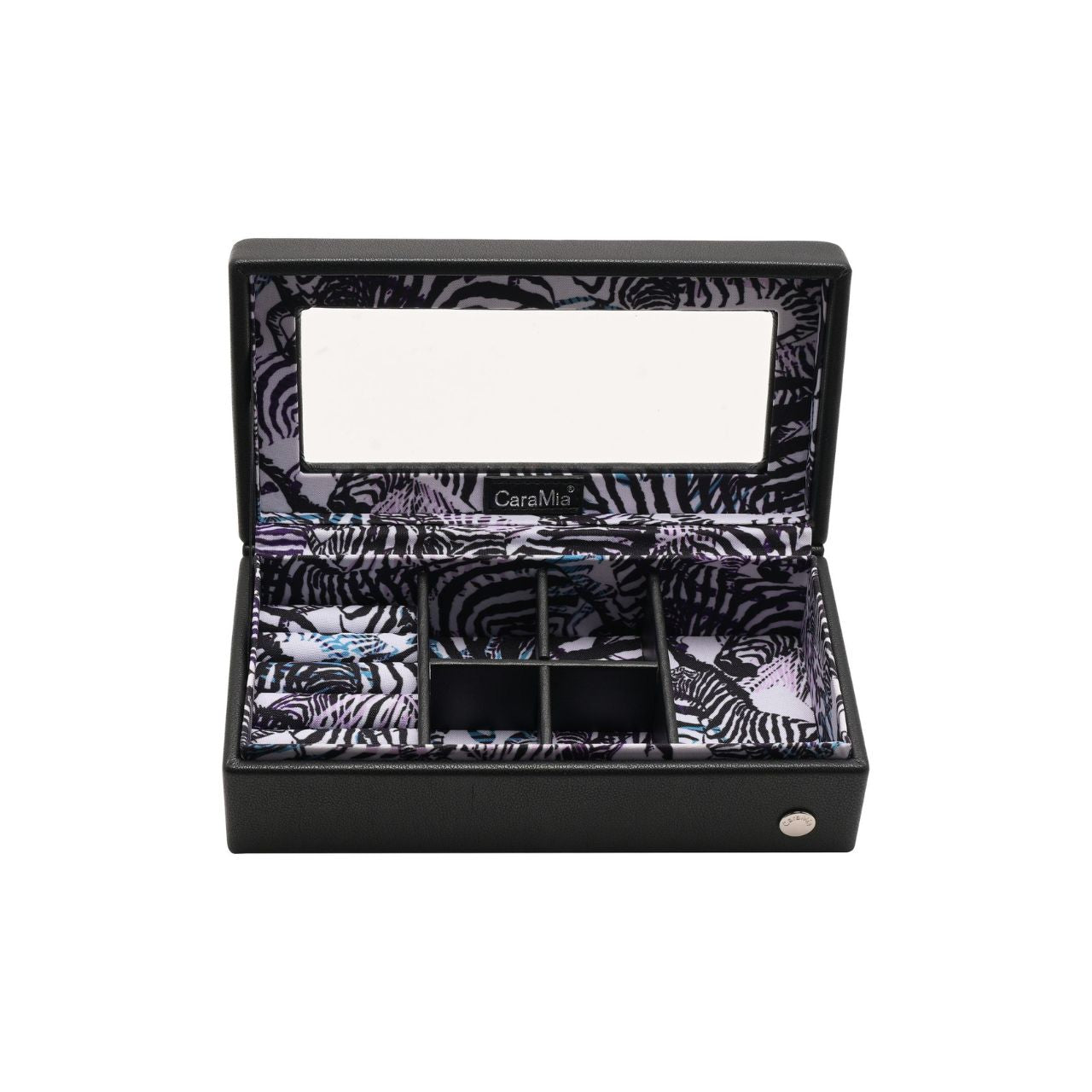The eye-catching case is made from black faux (vegan) leather, opening to reveal a beautifully decorated storage area with tailor-made compartments for displaying rings, earrings and other jewellery pieces. It is finished with a convenient mirror, within its hinged lid.