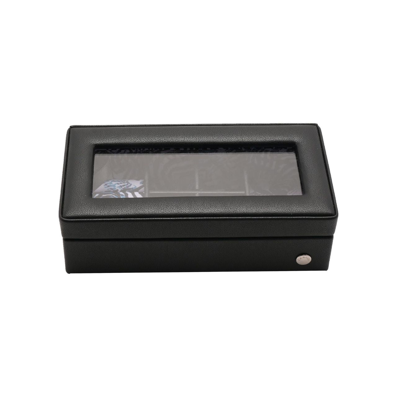 The eye-catching case is made from black faux (vegan) leather, opening to reveal a beautifully decorated storage area with tailor-made compartments for displaying rings, earrings and other jewellery pieces. It is finished with a convenient mirror, within its hinged lid.